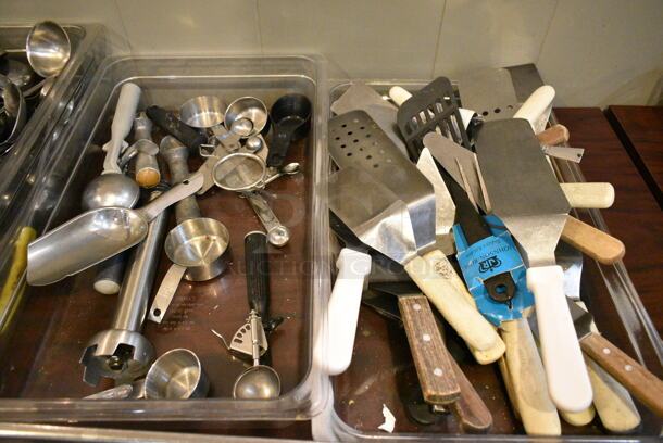 Wood Pattern Dining Height Table w/ Contents Including Utensils and Bins. (main dining room) - Image 3 of 5
