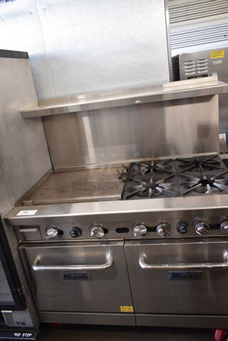Migali C-RO4-24GL-NG Stainless Steel Commercial Natural Gas Powered 4 Burner Range w/ Flat Top Griddle, 2 Ovens, Over Shelf and Back Splash on Commercial Casters. 
