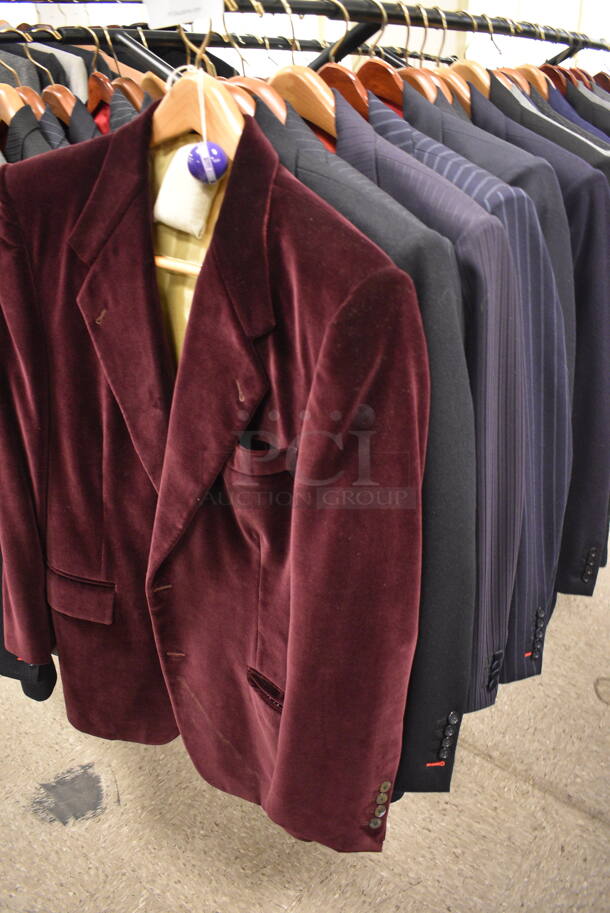 Clothing Rack Lot of Various Men's Custom Suit Jackets. Clothing Racks Not Included!