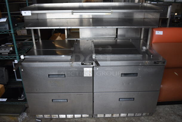 ALL ONE MONEY! Lot of TWO Delfield Stainless Steel Commercial Prep Table w/ 2 Drawers and Over Shelf on Commercial Casters. 115 Volts, 1 Phase. 64x38x55. Tested and Powers On But Right Side Does Not Get Cold But Left Side Is Working