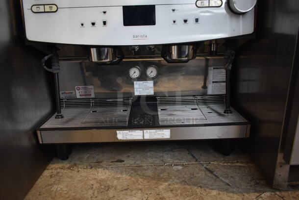 2018 Schaerer Barista Stainless Steel Commercial Countertop 2 Group Espresso Machine w/ 2 Steam Wands and 2 Hoppers. Missing Hopper Lids. 208/240 Volts, 1 Phase.
 - Image 4 of 5