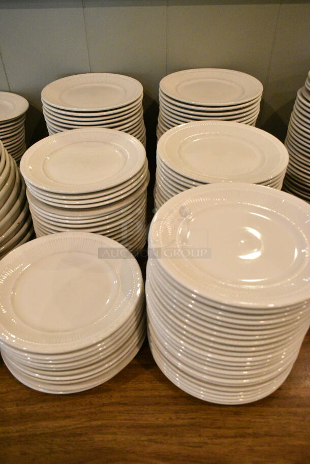 Wood Pattern Dining Height Table w/ Contents Including Ceramic Dishes. (main dining room) - Image 3 of 4