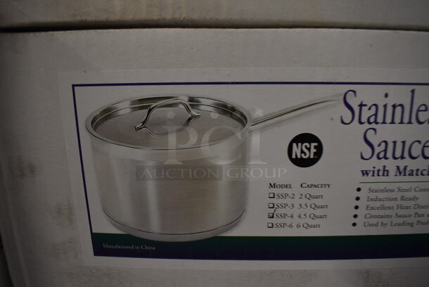 4 BRAND NEW IN BOX! Update SSP-4 Stainless Steel 4.5 Quart Sauce Pot w/ Lid. 16x8.5x5. 4 Times Your Bid!
