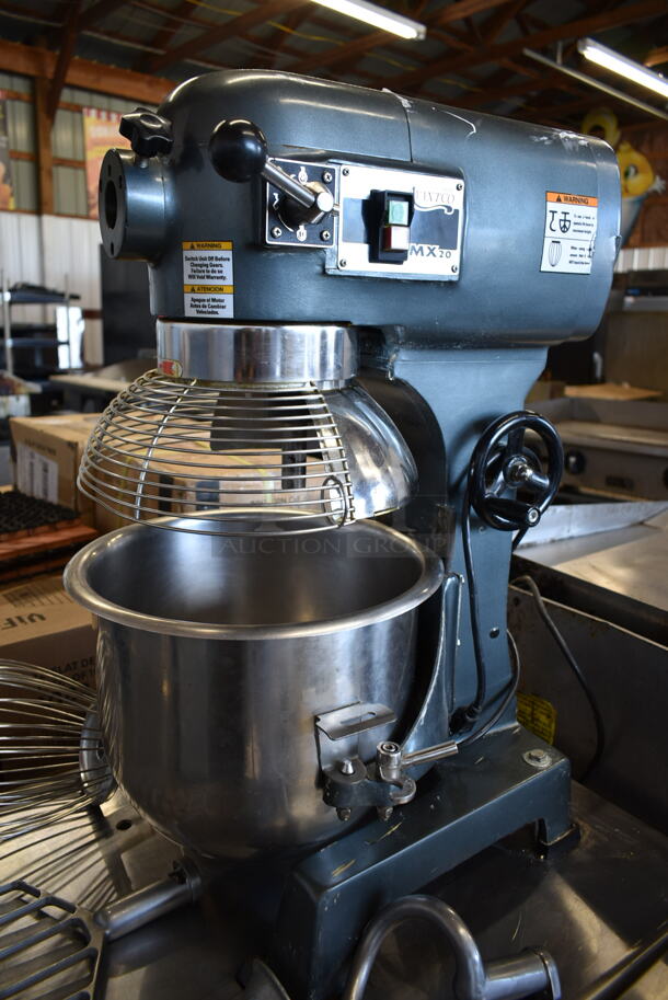 Avantco MX20 Metal Commercial Countertop 20 Quart Planetary Dough Mixer w/ Stainless Steel Mixing Bowl, Bowl Guard, Dough Hook, Grinder Tray, Paddle, Whisk Attachments on Stainless Steel Equipment Stand w/ Commercial Casters. 110 Volts, 1 Phase. Tested and Working! - Image 5 of 12