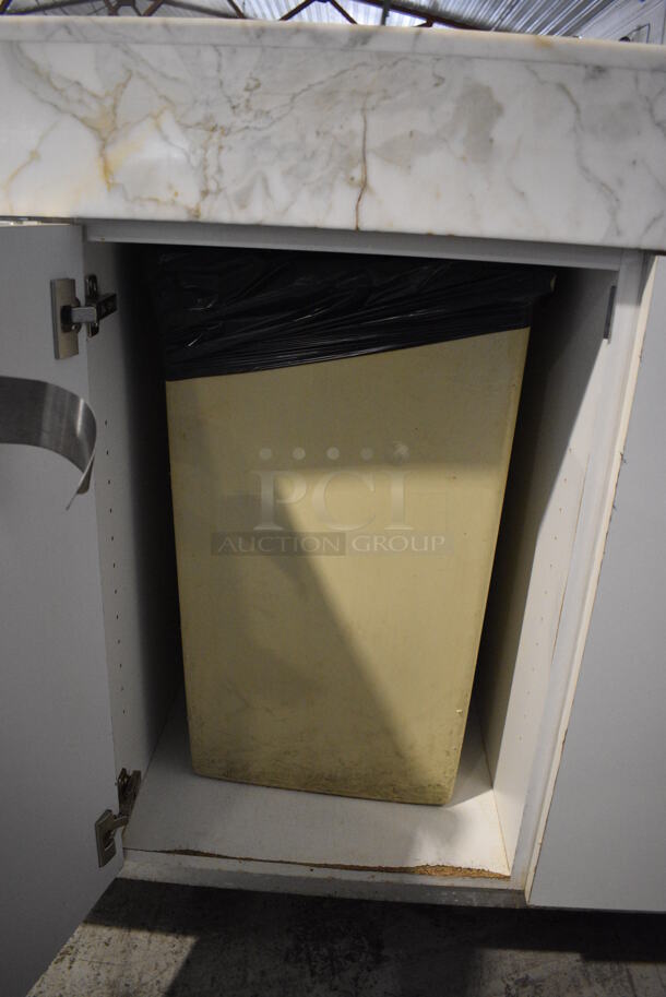 White Cabinet w/ Stone Countertop, 2 Trash Deposit Holes, 3 Doors and 2 Trash Cans on Commercial Casters. 60x30x42 - Image 6 of 7