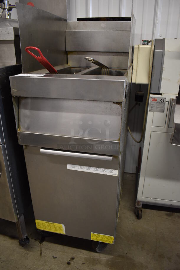 2019 Frymaster SM220GN Stainless Steel Commercial Floor Style Natural Gas Powered Deep Fat Fryer on Commercial Casters w/ Metal Fry Basket and 2 Side Splash Guards. 50,000 BTU. 16x31x47 - Image 3 of 7