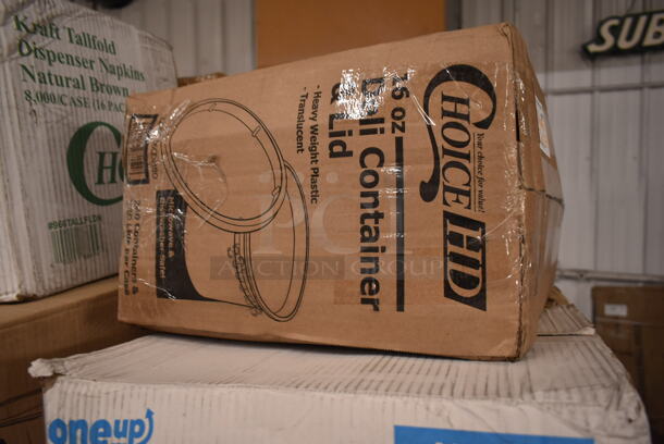 PALLET LOT of 35 BRAND NEW Boxes Including 795PTOKFT2 Choice 7 3/4" x 5 1/2" x 2" Kraft Microwavable Folded Paper #2 Take-Out Container - 200/Case, 5 Box 395RP09 EcoChoice Compostable Sugarcane, 966TALLFLDN Choice Kraft Natural Tall-Fold 6" x 13" Dispenser Napkin - 8000/Case, 612OB15LBD Choice 1.5 lb. Oblong Deep Foil Take-Out Container - 500/Case, 347RPBD10WHS PLATE 10" WH/SLV BAND 120 SILVER VISIONS, 130CLKFSNSPH Visions 10" White Plastic Plate with Silver Bands - 120/Case, 500TW7 Choice 7 oz. Translucent Thin Wall Plastic Cold Cup - 2500/Case, 5002DNAP Choice White 2-Ply Dinner Napkin 17" x 15" - 3000/Case, 2 Box 394365L Noble Products Powder-Free Disposable Clear Vinyl Gloves for Foodservice - Large - 1000/Case. 35 Times Your Bid! - Image 9 of 12