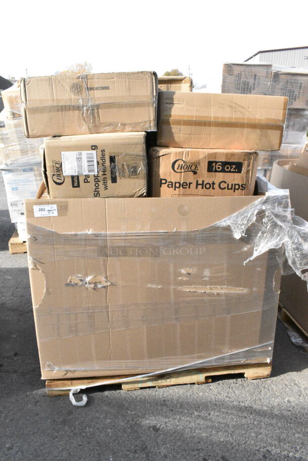 14 BRAND NEW Boxes Including Choice 16 oz Paper Hot Cups, 128HD8COMBO Choice Heavy Duty Plastic Deli Container, Choice Clear Dome Lids, 176RBD6WH Choice 6 Gallon White Round Beverage Dispenser. 14 Times Your Bid!  - Image 1 of 5