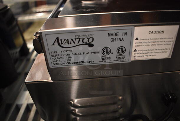BRAND NEW! Avantco 177P70S Stainless Steel Commercial Countertop Panini Sandwich Grill with Smooth Plates. 120 Volts, 1 Phase. 17x15x8. Tested and Working! - Image 7 of 8