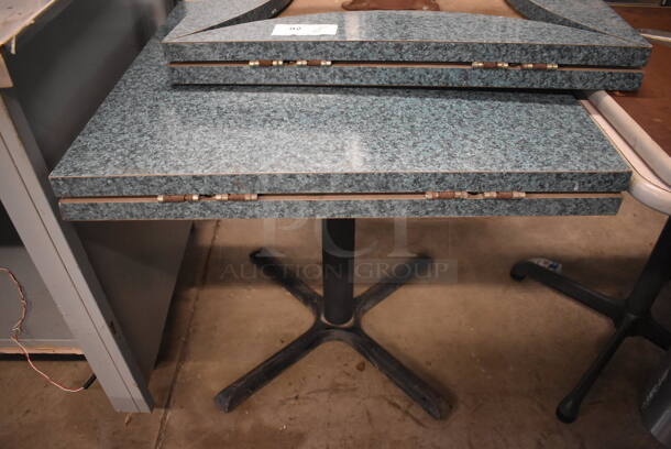 2 Green Dining Table on Black Metal Table Base w/ Drop Down Leaves That Make a Round Table. 30x30x29. 2 Times Your Bid!