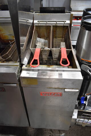 Vulcan LG300-1 Stainless Steel Commercial Floor Style Natural Gas Powered Deep Fat Fryer w/ 2 Metal Fry Baskets and Left Side Splash Guard on Commercial Casters. 90,000 BTU. 