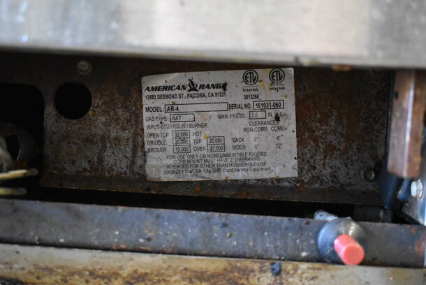 American Range AR-4 Stainless Steel Commercial Natural Gas Powered 4 Burner Range w/ Oven and Back Splash.  - Image 6 of 6