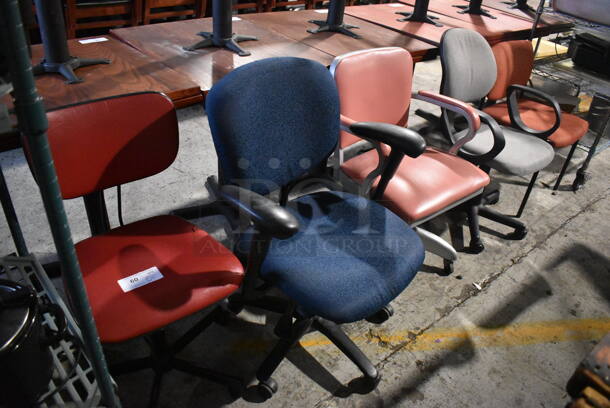 5 Various Chairs; 4 on Casters, 1 No Casters. Red, Blue, Pink, Gray and Orange. Includes 25x21x32. 5 Times Your Bid!