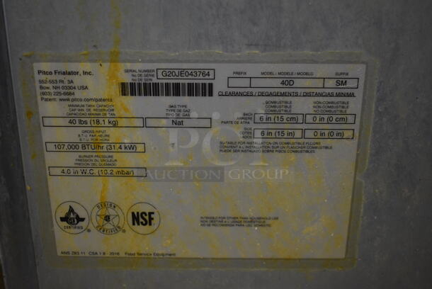 2020 Pitco Frialator 40D Stainless Steel Commercial Floor Style Natural Gas Powered Deep Fat Fryer w/ 2 Metal Fry Baskets. 107,000 BTU. - Image 5 of 5