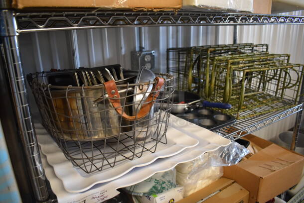 ALL ONE MONEY! Tier Lot of Various Items Including Poly Trays, Metal Baskets and Skillet