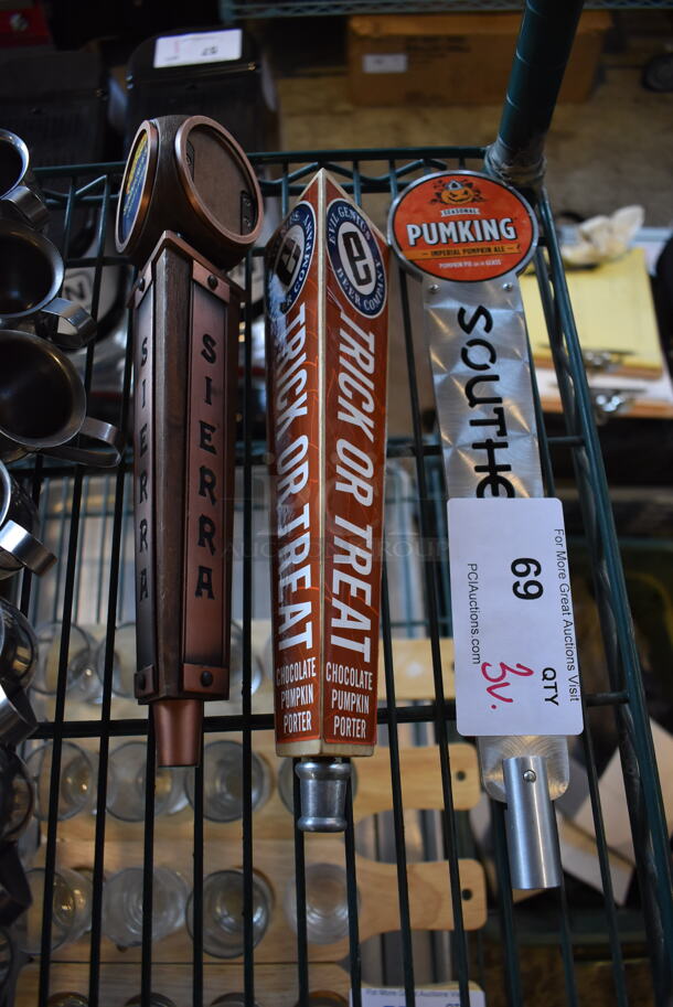 3 Various Beer Tap Handles; Sierra, Evil Genius Trick or Treat and Pumking. 11.5