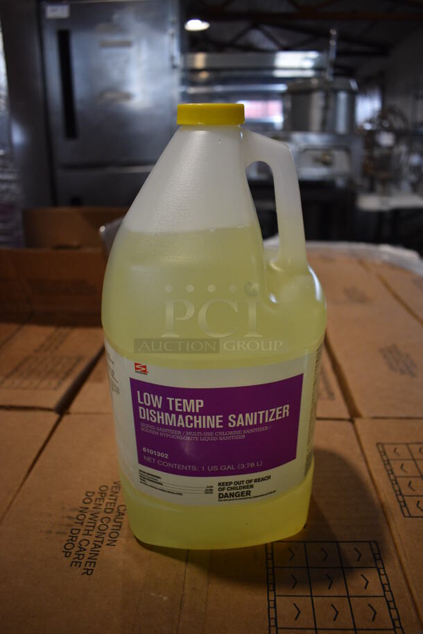 PALLET LOT of 24 BRAND NEW! Boxes of 4 Ecolab Low Temp Dishmachine Sanitizer Jugs. Total of 96 Jugs. 6x6x12. 24 Times Your Bid!