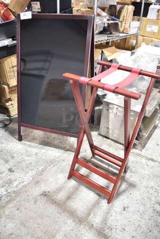 2 BRAND NEW! Items; A Frame Sidewalk Sign and Wood Pattern Serving Tray Stand. 25x2x45, 17x16x24. 2 Times Your Bid!