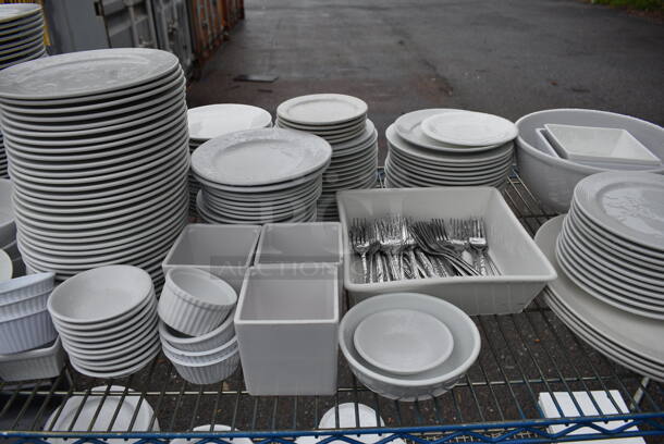 ALL ONE MONEY! Lot of 4 Tiers of Various Smallwares Including White Ceramic Dishes, 3 Tier Stand. Does Not Include Shelving Unit - Image 5 of 8