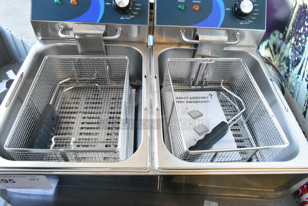 BRAND NEW SCRATCH AND DENT! 2023 Hoocoo FRY-20L Stainless Steel Commercial Countertop Electric Powered 2 Bay Deep Fat Fryer w/ 2 Metal Baskets and 2 Lids. 120 Volts, 1 Phase. - Image 3 of 5