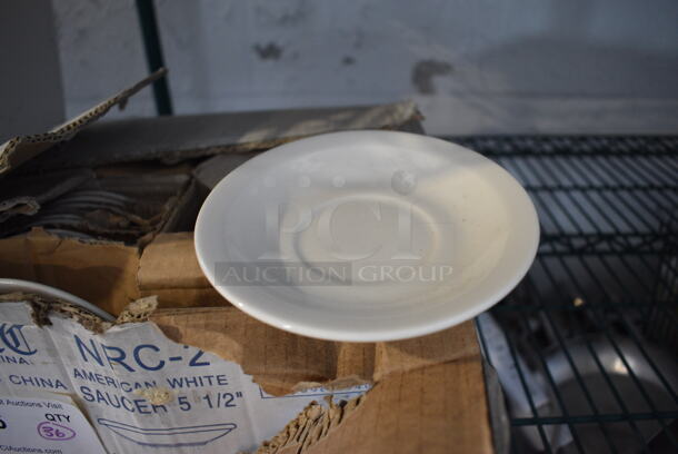 36 BRAND NEW IN BOX! White Ceramic Saucers. 5.5x5.5x1. 36 Times Your Bid!