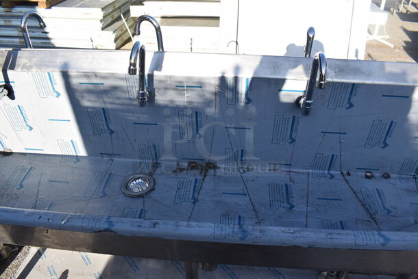 BRAND NEW SCRATCH AND DENT! Advance Tabco FS-FMM-100FV Stainless Steel 16 Gauge Multi Station Hand Sink w/ 5 Faucets, 5 Foot Pedals and Under Shelf. 100x18.5x44 - Image 5 of 7
