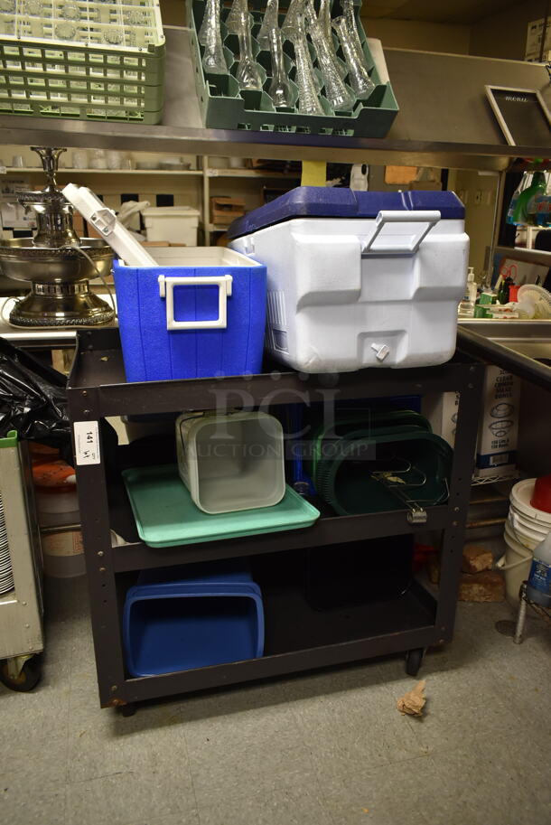 Poly 3 Tier Cart w/ Contents Including Portable Coolers on Commercial Casters. (dish room) - Image 1 of 4
