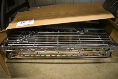 ALL ONE MONEY! Lot of 3 Chrome Finish Shelves w/ 4 Poles. 30x24x1.5