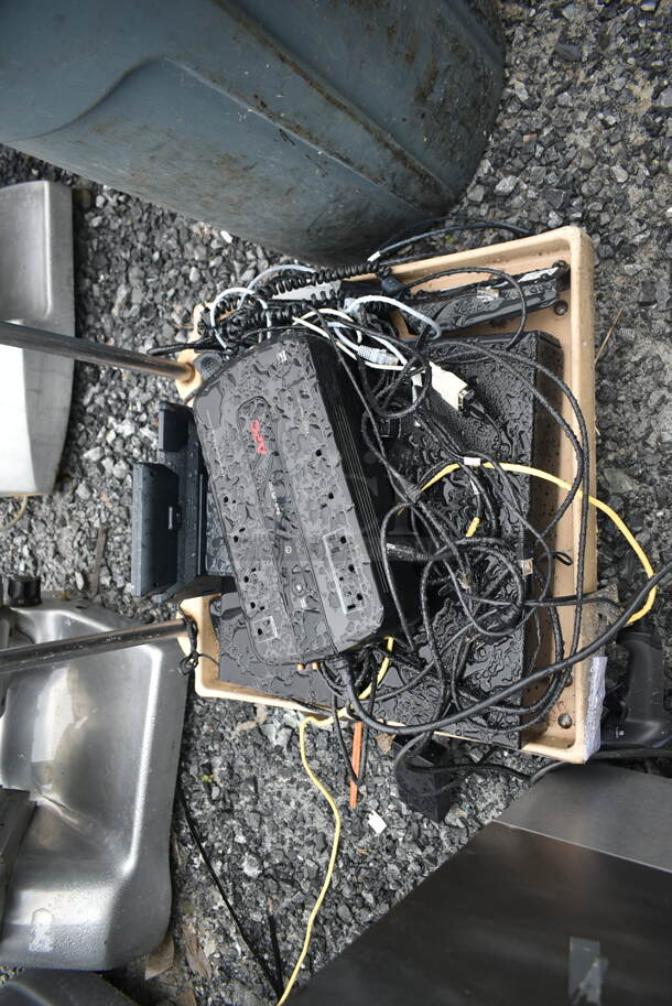 Tan Poly Dish Caddy Dolly w/ Push Handle and Contents Including Uninterruptible Power Supply on Commercial Casters. - Image 3 of 6