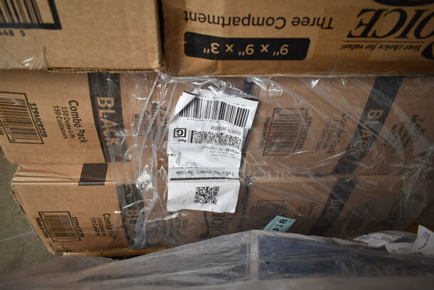 PALLET LOT of 29 BRAND NEW Boxes Including 4 Boxes 394325XL Noble NexGen Powder-Free Disposable Blue Hybrid 3 Mil Thick Gloves - Extra Large - 1000/Case, 2 Box 500MF883W1C Choice 8" x 8" 1-Compartment Microwaveable White Mineral-Filled Plastic Hinged Take-Out Container - 150/Case, LG8R Solo Cup, 500TO993C3 Choice 9" x 9" x 3" Microwaveable 3-Compartment Black / Clear Plastic Hinged Container - 100/Case, 4 Box 129MCR32B Choice 32 oz. Black Round Microwavable Heavy Weight Container with Lid 7 1/4" - 150/Case, 395TO991 EcoChoice 9" x 9" x 3" Compostable Sugarcane / Bagasse 1 Compartment Take-Out Box - 200/Case, 2 Box 5013858 Lavex Li'l Herc 55-60 Gallon 1.2 Mil 38" x 58" Low Density Medium-Duty Black Trash Bag / Can Liner - 100/Case, 245CPB10 Choice 10" x 10" x 2" Kraft Corrugated Pizza Box - 50/Case, 12" Corrugated White Circles, 50020CAFE Choice 20 oz. Café Print Poly Paper Hot Cup - 600/Case. 29 Times Your Bid!  - Image 6 of 12