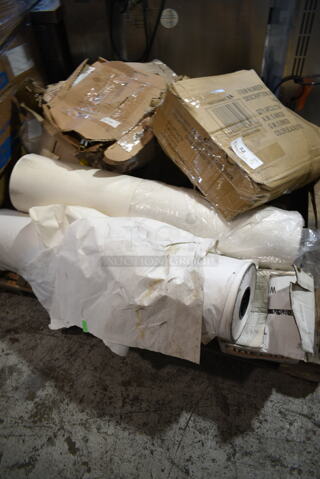 PALLET LOT of 9 BRAND NEW Items Including 164CUSHMTLBK Lancaster Table & Seating 2 1/2" Black Vinyl Padded Seat for Metal Frame Seating, 5002TPJ  Lavex 2-Ply 720' Universal Jumbo Toilet Paper Roll with 9" Diameter - 12/Case, 765EHC1P Chick-fil-A® Hero Cutter English One Pager, Vikan 77749 23 5/8" Replacement Squeegee Blade for 77545 and 77645, 765HSC56 Choice 5 1/2" x 6" Cutter for Hero Sandwich, Fineline PP3301-BK Platter Pleasers Black 8 1/2" Polypropylene Serving Fork - 144/Case, Rolls of Butcher Paper. 9 Times Your Bid! 