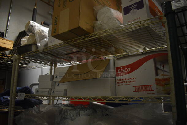 White Finish 5 Tier Wire Shelving Unit w/ Contents Including Paper Products. BUYER MUST REMOVE. BUYER MUST DISMANTLE. PCI CANNOT DISMANTLE FOR SHIPPING. PLEASE CONSIDER FREIGHT CHARGES. 48x18x74. (kitchen) - Image 3 of 6