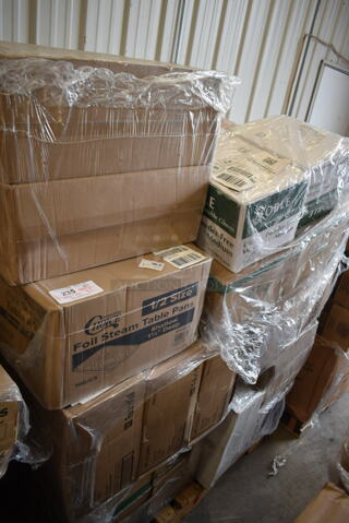 PALLET LOT of 32 BRAND NEW Boxes Including 760SOUP16WPA Choice 16 oz. White Double Poly-Coated Paper Food Cup with Vented Paper Lid - 250/Case, 612FS1212 Choice Half Size Foil Steam Table Pan Shallow 1 1/2" Depth - 100/Case, 3 Box LKC16/24FX Fabri-Kal LKC16/24FX Kal-Clear / Nexclear 12 / 14, 16 / 18, 20, and 24 oz. Clear Plastic Flat Lid with Straw Slot - 1000/Case, 4 Box 395TO961 EcoChoice 9" x 6" x 3" Compostable Sugarcane / Bagasse 1 Compartment Take-Out Container - 200/Case, 2 Box Noble Medium Gloves, 2 Box Lavex C Fold Towels, Bakers Mark 10" Cake Circles, Various Choice Portion Cups, 4 Box 130TONG9HDBK Visions 9" Individually Wrapped Extra Heavy-Duty Black Disposable Polypropylene Tongs - 24/Case. 32 Times Your Bid! 