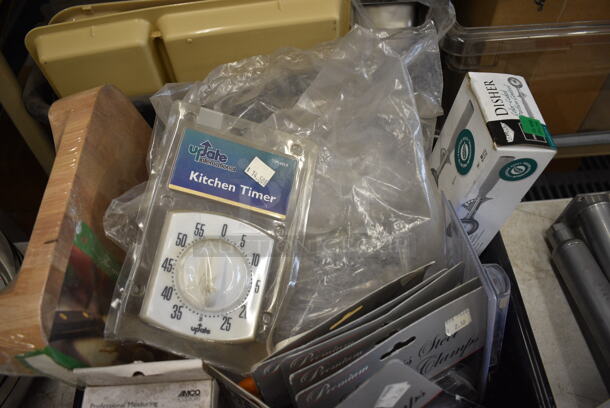 ALL ONE MONEY! Lot of Various BRAND NEW Items In Black Bus Bin Including Tablecloth Clamps, Measuring Cups and Timer - Image 3 of 5