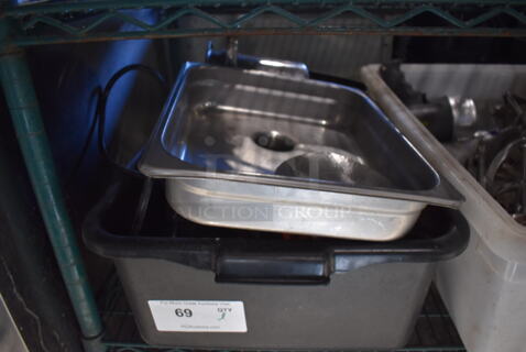 ALL ONE MONEY! Lot of Various Items Including Metal Meat Grinder Tray, Uninterruptible Power Supply and Extension Cord in Black Poly Bus Bin