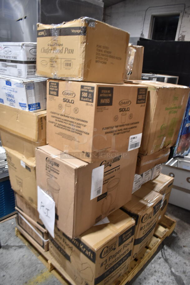 PALLET LOT of 24 BRAND NEW Boxes Including PP883 3 Compartment Containers, 500TW12 Choice 12 oz. Translucent Thin Wall Plastic Cold Cup - 1000/Case, Lavex Paper Towel, Silver Visions 7-1/4