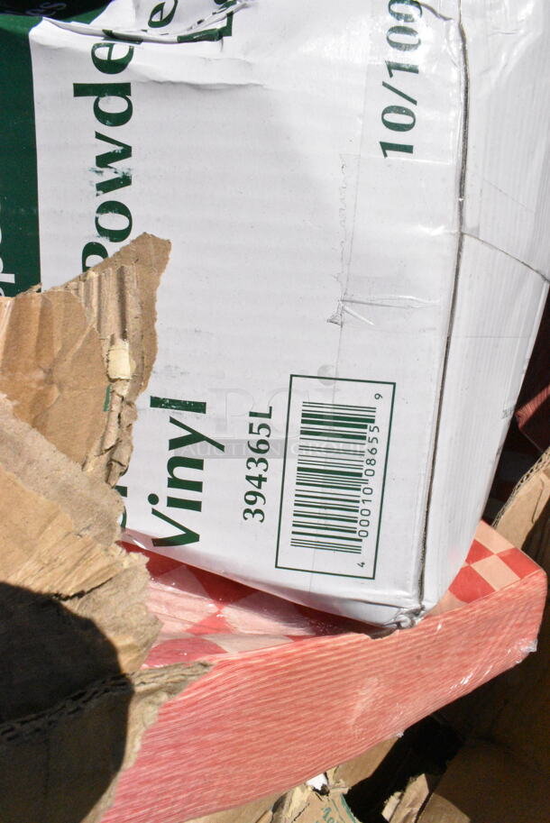 22 BRAND NEW Boxes Including 5008W Choice 8 oz. Tall White Poly Paper Hot Cup - 1000/Case, Dart 12J12 12 oz. White Customizable Foam Cup - 1000/Case, 760IC16PD Choice 16 oz. Polka Dot Paper Frozen Yogurt / Food Cup - 1000/Case, 346WKFSNM Choice Medium Weight White Wrapped Plastic Cutlery Set with Napkin - 250/Case, 5002WRAPNAPN EcoChoice WrapNap 2-Ply Natural Kraft 1/4 Fold Dinner Napkin 16" x 16", Dart PET16B PresentaBowls 16 oz. Clear Plastic Bowl , 394365L Noble Products Powder-Free Disposable Clear Vinyl Gloves for Foodservice - Large - 1000/Case, 50012RIPKRPE Choice 12 oz. Double Wall Ripple Kraft Paper Hot Cup - 500/Case, 5014046M1 Lavex Li'l Herc 45 Gallon 1.2 Mil 40" x 46" Low Density Medium-Duty Clear Can Liner / Trash Bag. 22 Times Your Bid!  - Image 12 of 12