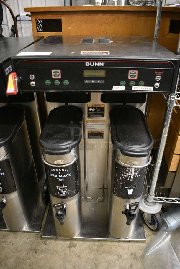 2014 Bunn Model ITCB TWIN HV Stainless Steel Commercial Countertop Iced Tea Machine w/ Hot Water Dispenser and 2 Beverage Holder Dispensers. 120/240 Volts, 1 Phase. 20.5x25.5x34