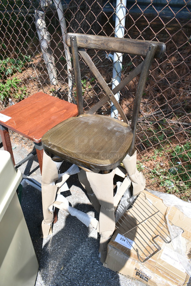 4 BRAND NEW SCRATCH AND DENT! Items Including 475WH23BG Lavex 23 Gallon Beige Slim Trash Can, 164VYBARSTES Lancaster Table & Seating Vineyard Series Whiskey Brown Wood Outdoor Cross Back Bar Stool, Lavex Green Mop Bucket, Wood Pattern Stool. 4 Times Your Bid!  - Image 7 of 12