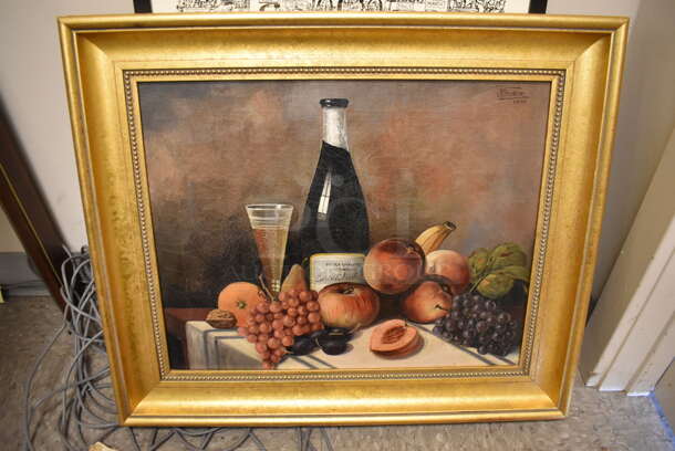 Framed Canvas Painting of Wine Bottle w/ Fruits on Table by J Weaver. Signed 1921 on the Top Right. From Art Dealer Ed Mero!