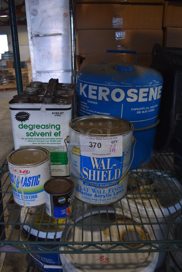 ALL ONE MONEY! Lot of Various Items Including Kerosene Barrel, Degreasing Solvent, Wal Shield Flat Wall Finish, Coating and Painters Touch Latex Paint!