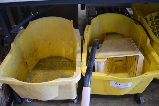 2 Yellow Poly Mop Buckets on Commercial Casters w/ 1 Wringing Attachment. Includes 16x22x18. 2 Times Your Bid!