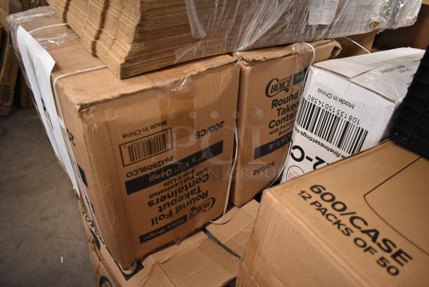 PALLET LOT of 33 BRAND NEW Boxes Including 2 Box 245CB12PLN Choice Kraft Plain Pizza Box, 2 Box 612509LCO Choice 9" Round Standard Weight Foil Take-Out Pan with Board Lid - 200/Case, 2 Box Choice 16 oz Deli Container and Lid, 4112-CL Fineline Quenchers 4112-CL Blaster Bomb Shot Cups / Power Bombs - 500/Case, 50020W Choice 20 oz. White Poly Paper Hot Cup - 600/Case, 3 Box 128HD8COMBO ChoiceHD 8 oz. Microwavable Translucent Plastic Deli Container and Lid Combo Pack - 240/Case, 6 Box 130WSPOON Choice Medium Weight White Plastic Teaspoon - 1000/Case, Dart 50HT1 5" x 5" x 3" White Foam Hinged Lid Container - 500/Case, 124A4012 American Metalcraft A4012 12" x 1" Standard Weight Aluminum Straight Sided Pizza Pan, 40716QTALMHB Choice 16 Qt. Aluminum Colander with Base and Handles, 500PMBG Choice 10" x 14" Ecru Colored Paper Placemat with Scalloped Edge - 1000/Case. 33 Times Your Bid! - Image 4 of 12