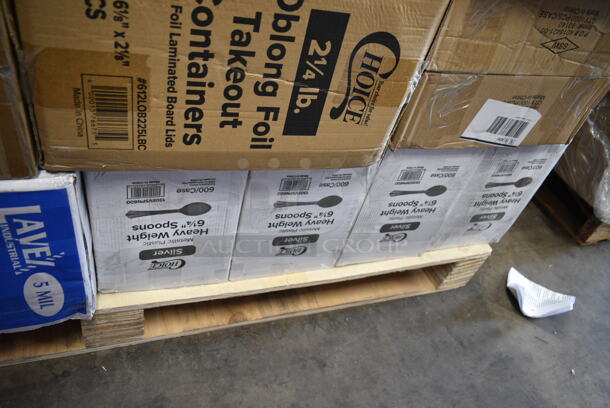 PALLET LOT of 40 BRAND NEW Boxes Including 66TALLFLDB 6" x 13" Dispenser Napkin, 394385L Disposable Latex Gloves for Foodservice, 129MCR38B Choice 38 oz. Black Round Microwavable Heavy Weight Container with Lid - 150/Case, 760IC08B Choice 8 oz. Blue Paper Frozen Yogurt / Food Cup - 1000/Case, 32130.0000 Air Pot, 2 Box 129MCS24B Choice 24 oz. Black Rectangular Microwavable Heavy Weight Container with Lid 8" x 5 1/4" x 2" - 150/Case, Choice 2 oz Portion Cup, 2 Box 3941083M Lavex Medium Gloves, 612LOB225LBC Choice 2.25 lb. Oblong Foil Take-Out Container with Board Lid - 250/Case, 4 Box 130SVSPN600 Visions 6 1/4" Flared Heavy Weight Silver Plastic Spoon - 600/Case, 130WSPOONWP White Spoon, Enjay White Embossed, 2 Box 129MCR38B Choice 38 oz. Black Round Microwavable Heavy Weight Container with Lid - 150/Case, 3 Box WTSB33 American Metalcraft WTSB33 31" Black Wood Folding Tray Stand with Black Straps, Enjay 10" White Embossed Plates, 500CC9 Choice 9 oz. Clear PET Customizable Plastic Squat Cold Cup - 1000/Case. 40 Times Your Bid! - Image 10 of 12