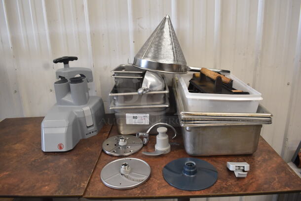ALL ONE MONEY! Mega Lot of Stainless and Food Processor Parts Including Full Size Drop In Bins, Half and 1/6 Size Bins, Strainer, Scoop, Food Processor Continuous Feed Head, Various Blades and More!
