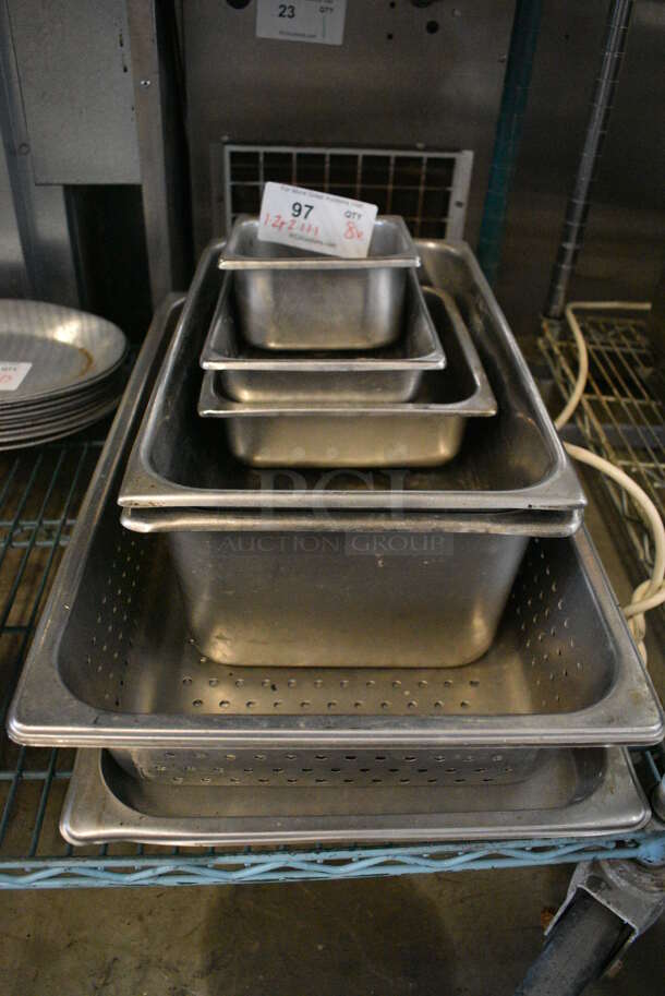 8 Various Stainless Steel Drop In Bins Including Two Full Size Perforated Bins. Includes 1/1x4, 1/2x6. 8 Times Your Bid!