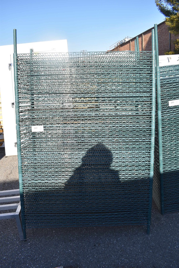 ALL ONE MONEY! Lot of 40 Green Finish Wire Shelves and 4 Poles. 48x24x1.5, 75" - Image 2 of 4