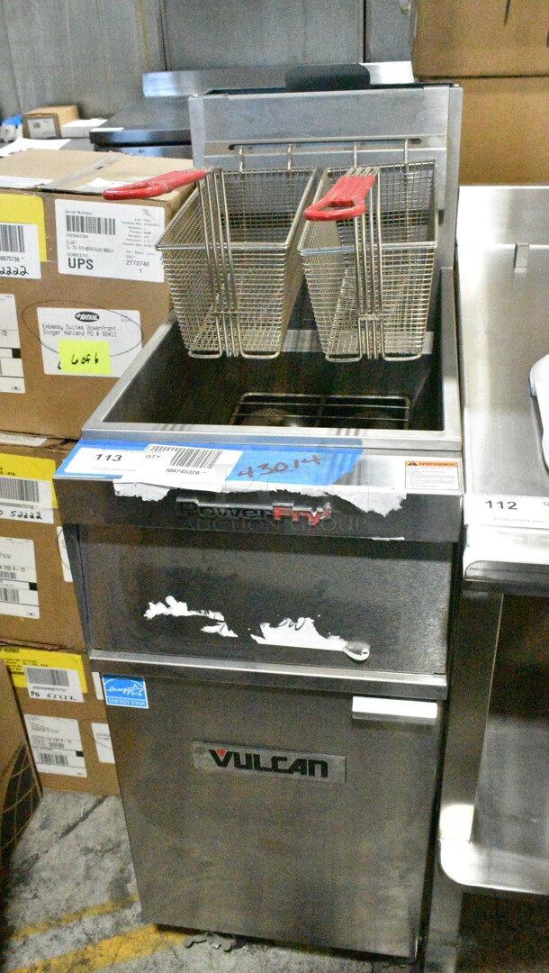 BRAND NEW! Vulcan 1VK45A-1 Stainless Steel Commercial Floor Style Natural Gas Powered Deep Fat Fryer w/ 2 Metal Fry Baskets on Commercial Casters. 70,000 BTU.  - Image 2 of 12
