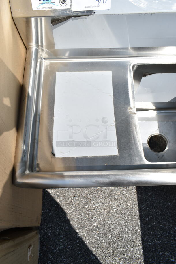 BRAND NEW SCRATCH AND DENT! Regency 600S3141414C Stainless Steel 44 1/2" 16 Gauge Stainless Steel Three Compartment Commercial Corner Sink with Two Drainboards - 14" x 14" x 14" Bowls. No Legs. - Image 9 of 10