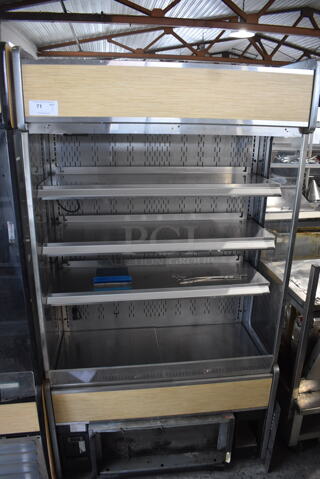 Oasis B42 Commercial Open Air Refrigerated Reach In Merchandiser With Shelves and Wood/Steel Trim on Commercial Casters. 208-240V/1 Phase